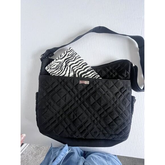 Vera Bradley Black Quilted Messenger Baby Diaper Bag/Changing Pad Zebra Lining - Picture 5 of 11